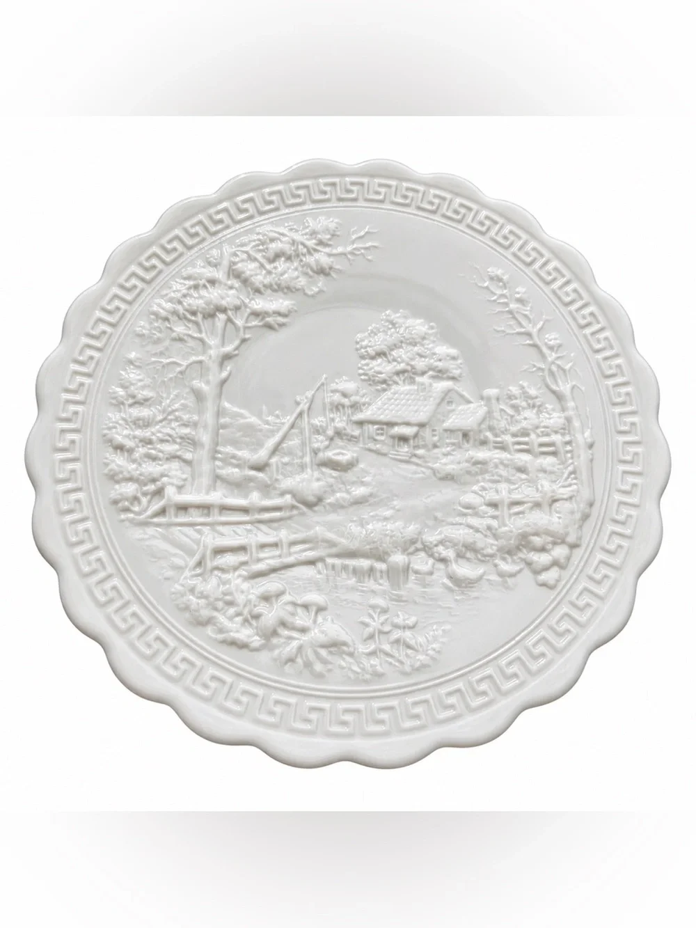 Vintage Milk Glass Scenic Cottage Relief Serving Platter Greek Key Oval Plate